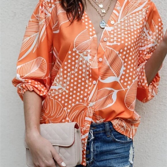Boho Leaves Print Button Up Detail Top orange - Picture 4 of 5